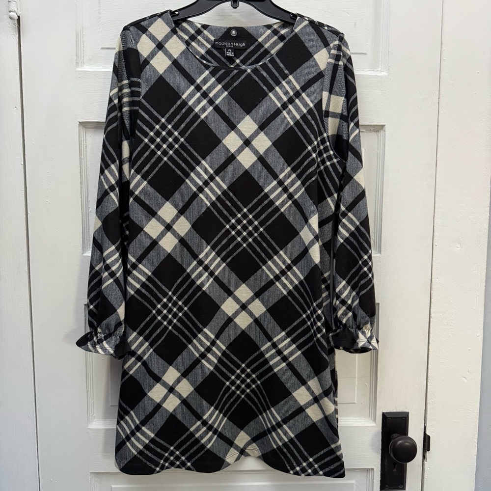 Plaid Tie Waist Shift Dress Madison Leigh Petite Womens PL Black White - Picture 6 of 10